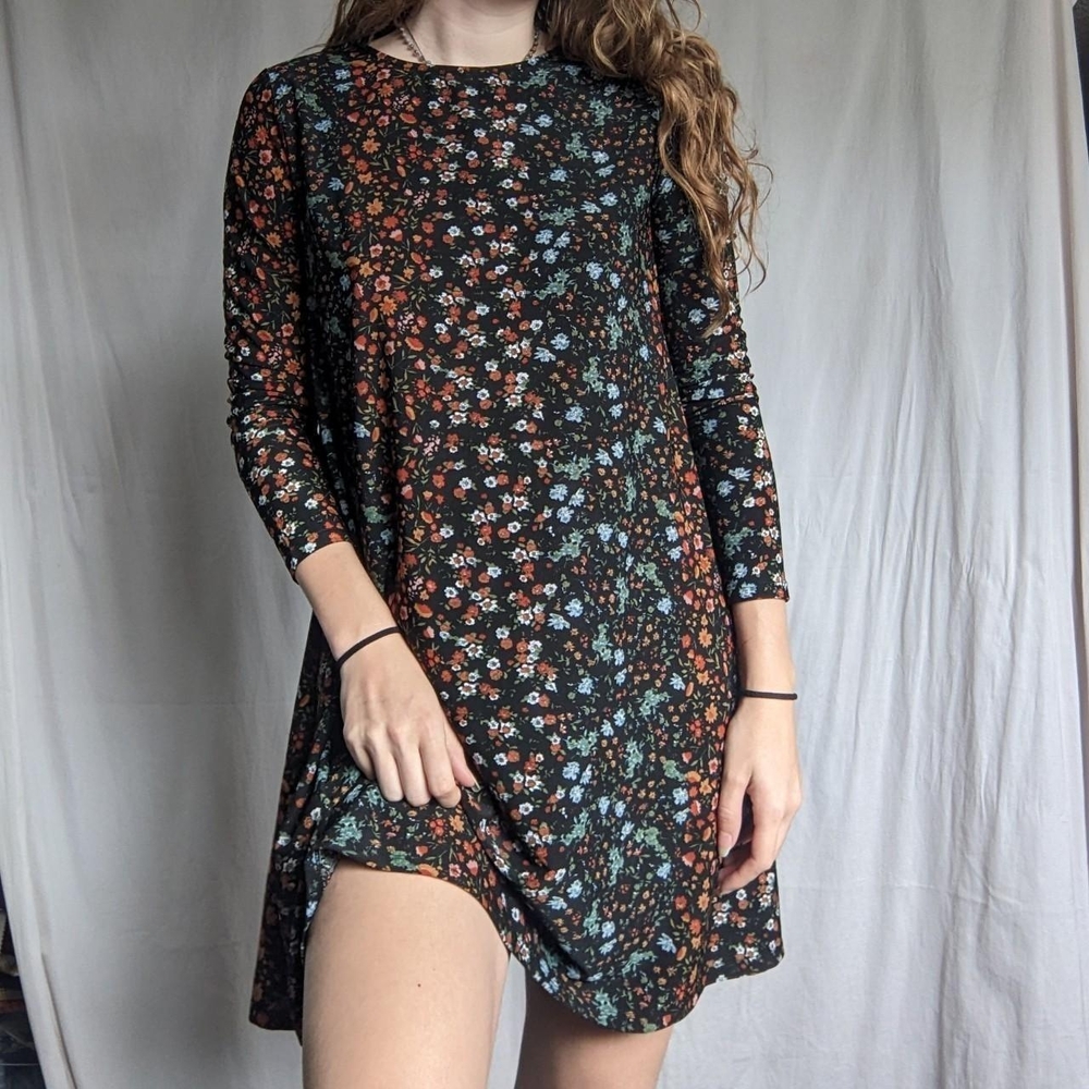 Floral 3/4 Sleeve Black Dress